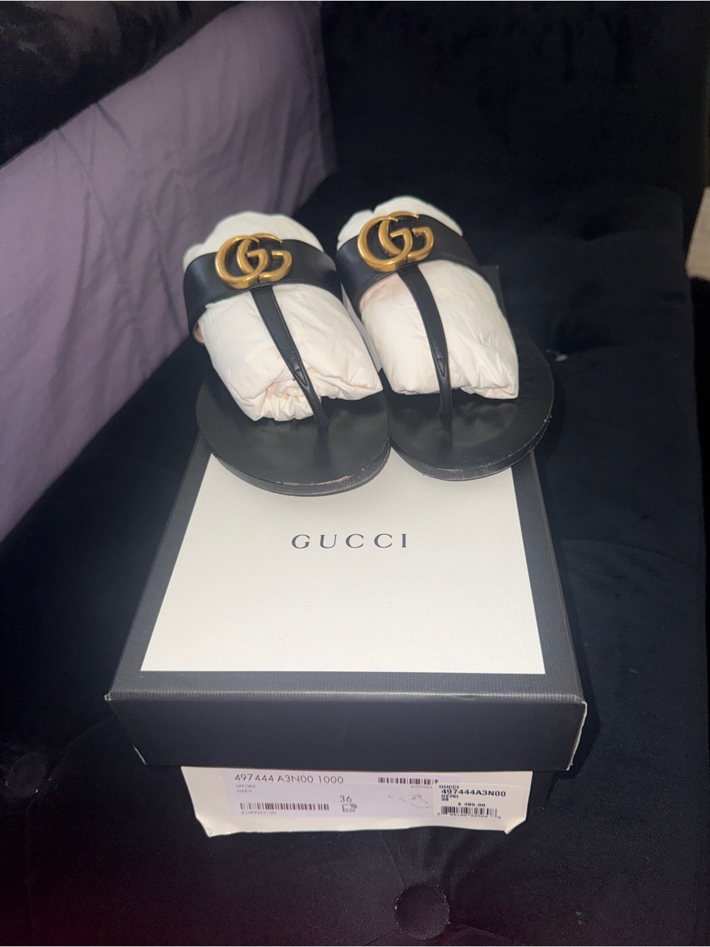 Gucci Black Leather Thong Sandals with Gold Double G - Picture 3 of 4